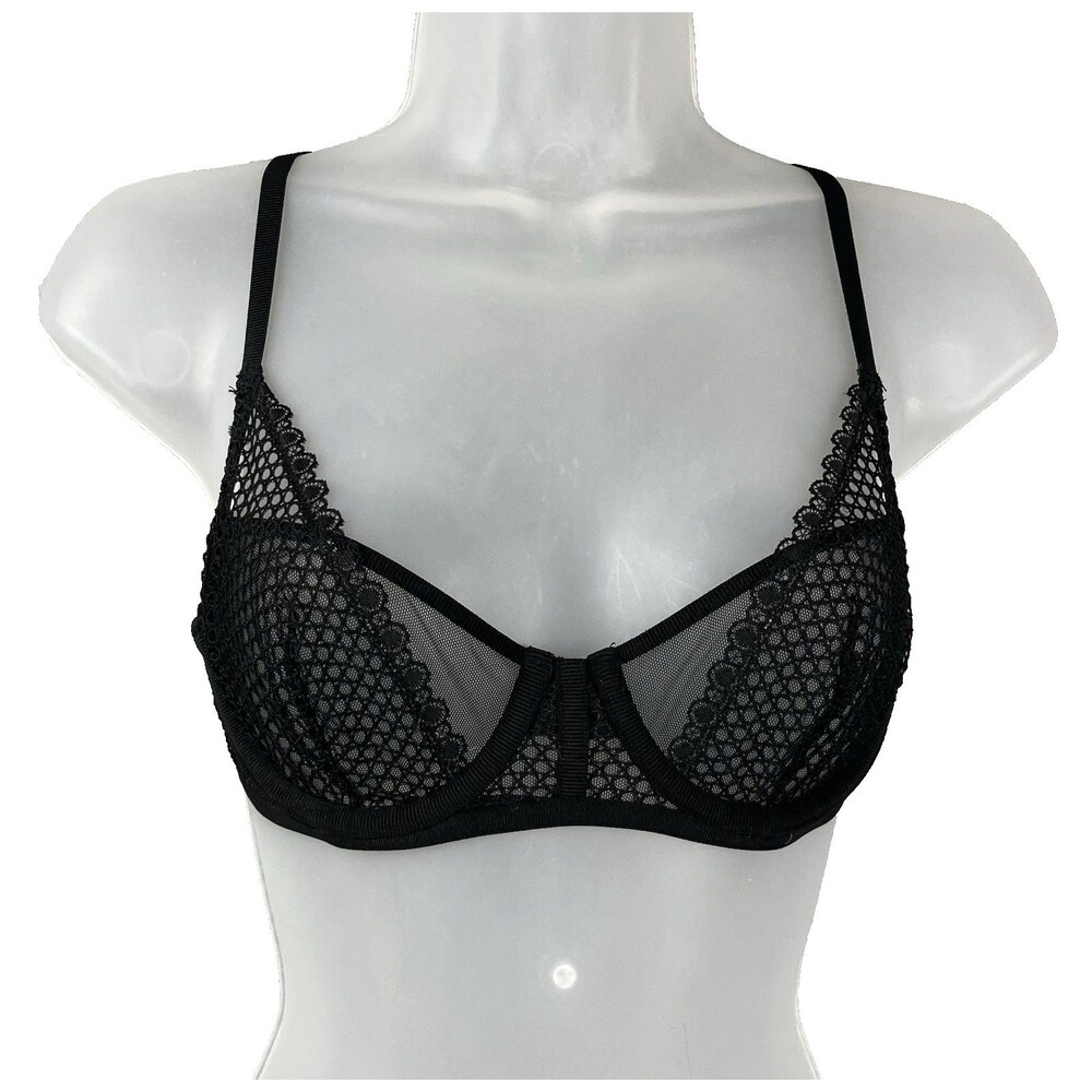 Victoria's Secret Unlined Mesh Demi Bra 32C Black Fishnet & Lace NWT